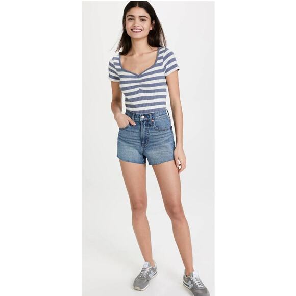 Madewell Tops - Madewell Ribbed Sweetheart Tee in Strips- Blue and White - XL